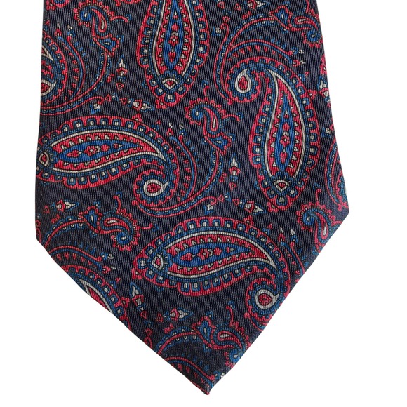Hardy Amies Mens Silk Paisley Print Tie Navy‎ Red Blue - Picture 2 of 6